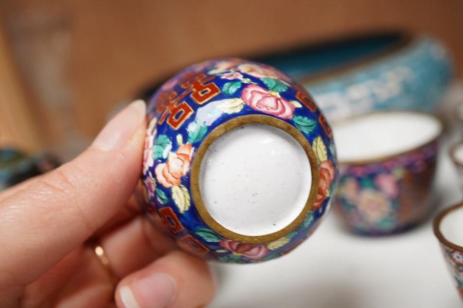 Canton enamel wine cups, European subjects and japanese cloisonne, tallest vase- 15cm high